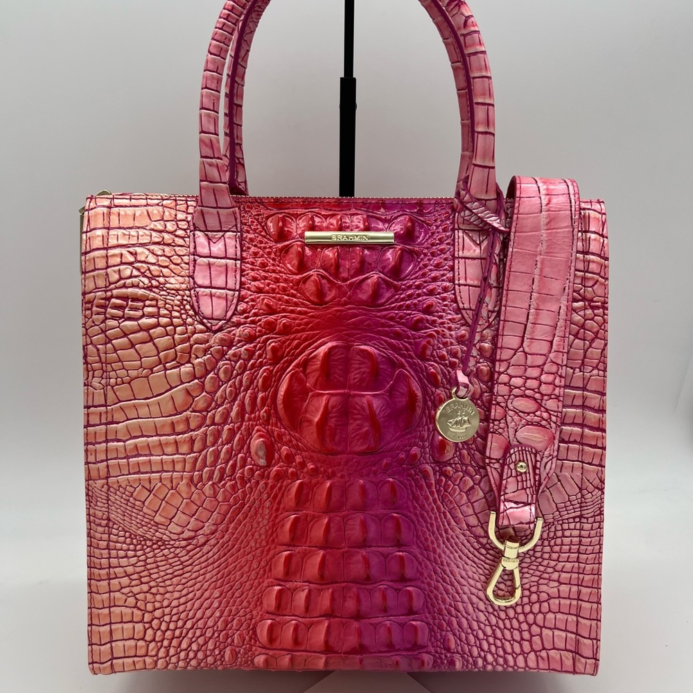 Brahmin Ombre Pink Croc-Embossed Leather Tote with Strap
